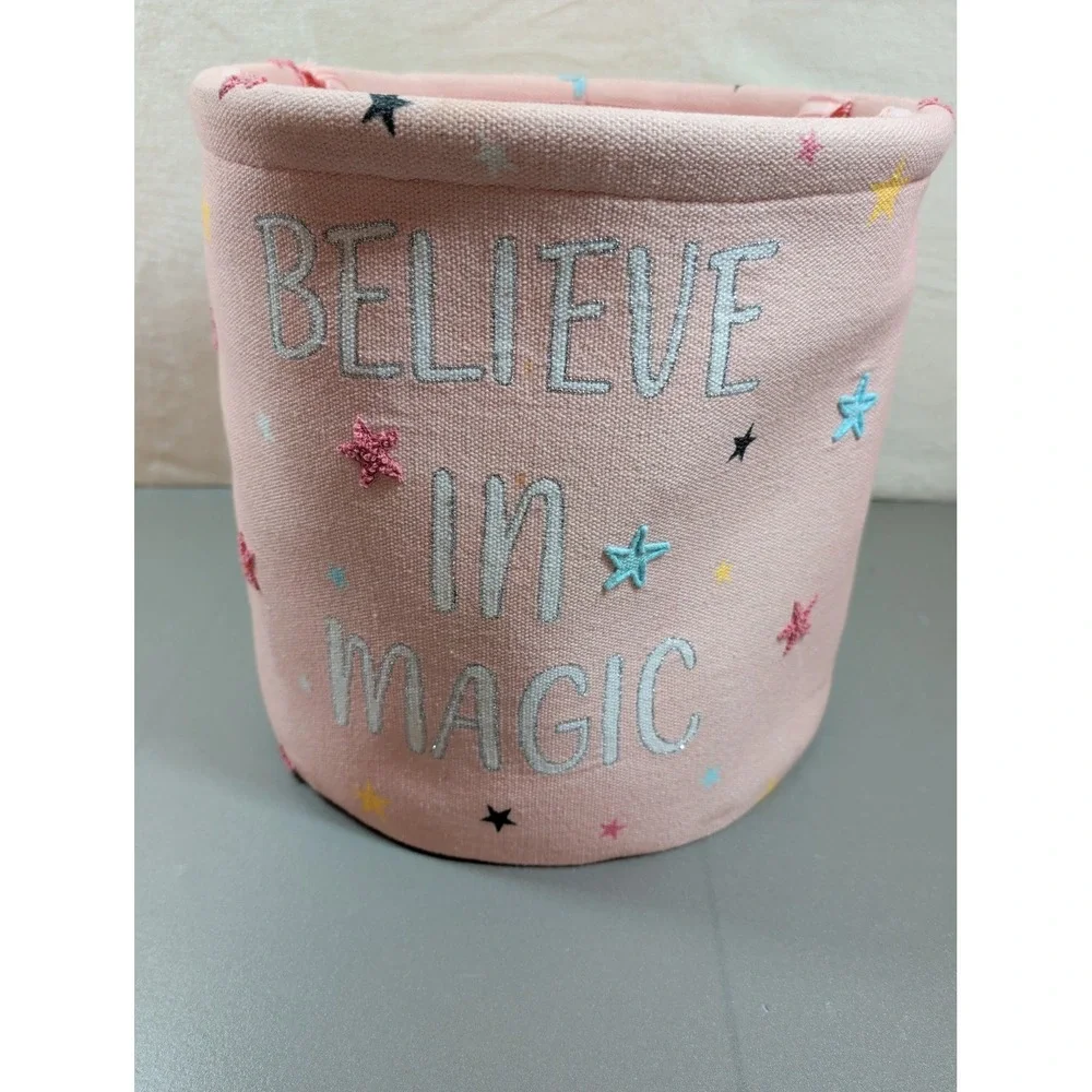 Believe In Magic Pink Cotton Canvas Storage Bin Star Embroidered Toy Basket 8in